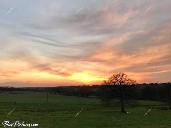 Photo Coucher de soleil : Coucher de soleil flamboyant de fin d’Hiver, sur la campagne vendéenne. C’est tellement relaxant 😍🥰c, Coucher de soleil, campagne vendéenne, prairie