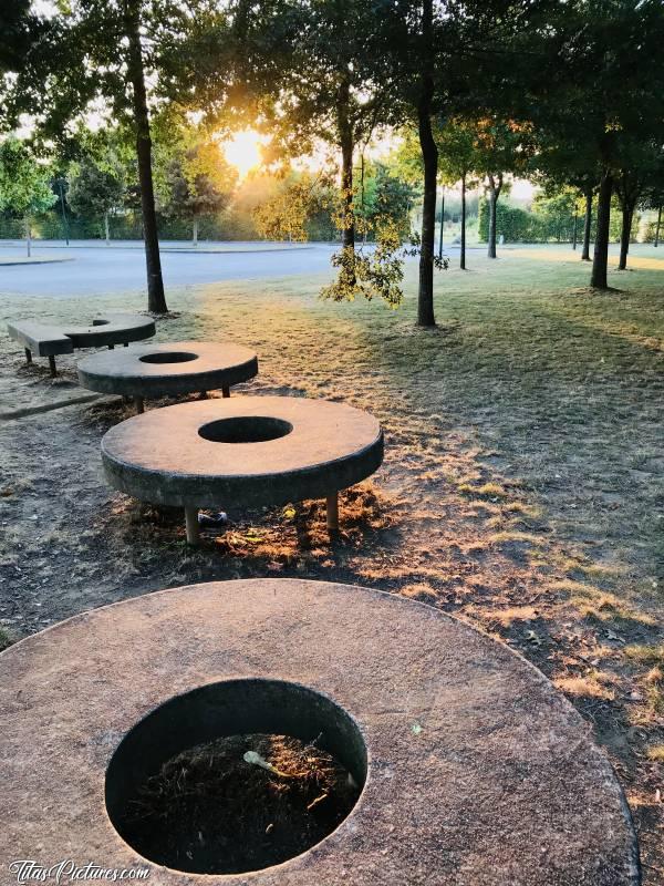 Photo Le Boupère : Coucher de soleil dans le petit parc de la Salle du Bocage au Boupère. Vous allez pas me croire, mais c’est seulement en préparant la photo, que j’ai remarqué qu’il y avait un 2 pour faire 2000. Je croyais que ce n’étaient que des bancs ronds 😅🤣☺️c, Le Boupère, Salle du Bocage, Bancs, Parc, Coucher de Soleil, Arbres, Jeu d’ombres