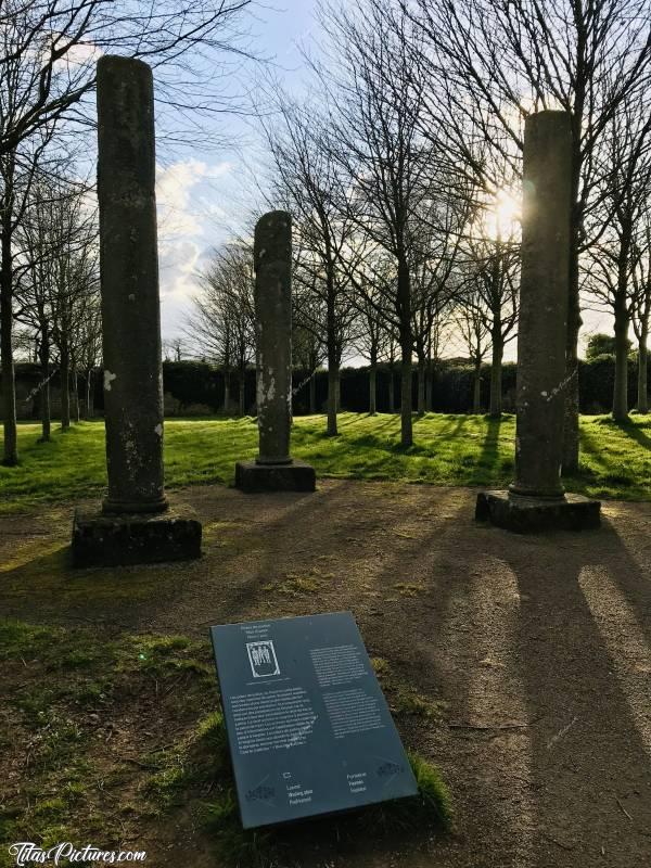 Photo Les 3 Piliers de justice : Jeu de lumière de fin de journée, sur les piliers de justice du Château de Kerjean. 
Cet endroit m’a toujours donné la chair de poule. Quand j’étais petite, il y avait de très grands arbres tout autour, et beaucoup de corbeaux s’y perchaient. Il était impossible de passer cet endroit sans qu’ils ne croissent. Ça rendait le lieu vraiment très glauque 😅 J’ai d’ailleurs longtemps pensé que les condamnés se faisaient attachés à ces piliers, pour être dévorés vivants par les corbeaux 🤭😅c, Château de Kerjean, Piliers de Justice