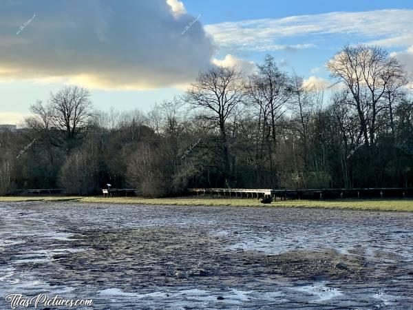 Photo Les Epesses : Le grand Lac des Epesses étant vide, on peut bien voir la passerelle en bois qui le longe, sur une bonne moitié de sa périphérie.c, Tita’s Pictures, Les Epesses, La Bretèche, Etang de l'Aujardière