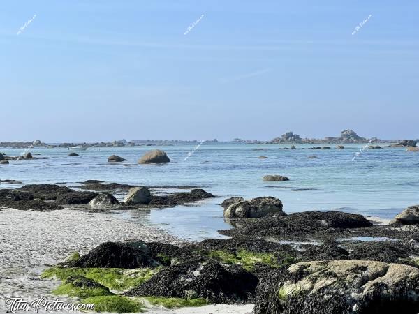 Photo Plage du Lividic : Marée montante à la Plage du Lividic. Bientôt, ces rochers pleins de goëmon vont disparaître sous l’eau. c, Tita’s Pictures, Plage du Lividic, Rochers, Mer