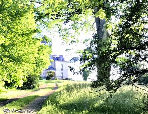 Photo Bourg-des-Comptes : Château privé le long de la Vilaine. Vais-je un peu plus loin pour avoir un meilleur cadre..? Mince, y’a du monde dans le jardin 😅 Tant pis ! Me contenterais de cette vue☹️c, La Vilaine, Château, Arbres