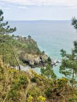 Plage de l’Île Vierge : Plage de l’Île Vierge, Crozon, Finistère, Pins, Falaises, mer turquoise