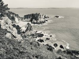Plage de l’Île Vierge : Plage de l’Île Vierge, Crozon, Finistère, Pins, Falaises, Noir et Blanc